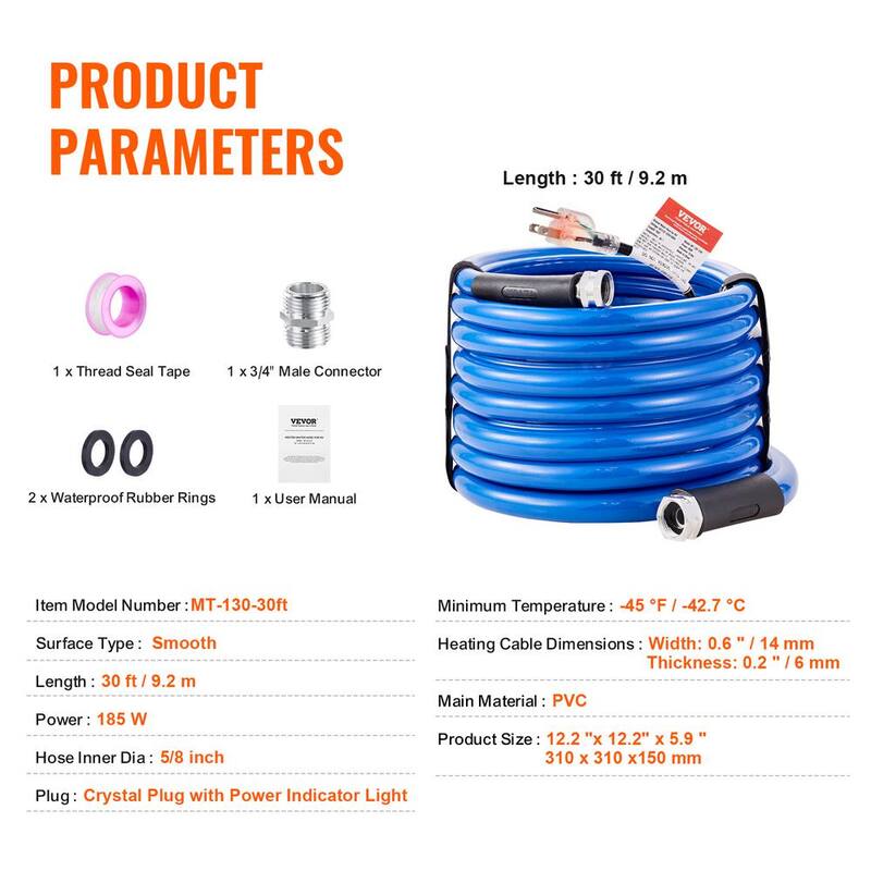 VEVOR Heated Drinking Water Hose Antifreeze to -45°F, 30ft. Heated Water Hose for RV, Automatic Self-regulating, 5/8in. - GHKJRSG30YC0BXYABV1-0920