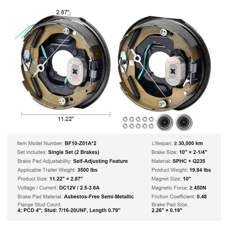 VEVOR Electric Trailer Brake Assembly, 10 in. x 2.25 in., 1 Pair Self-Adjusting Electric Brakes Kit for 3500 lbs. Axle - TCDZCC10225YO1TKFV9-730