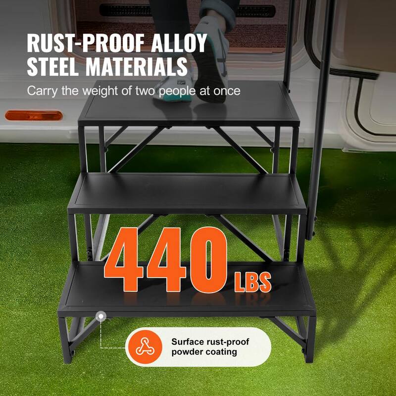 VEVOR RV Steps, 3-Step RV Stairs, 440 lbs. Load Capacity, Thickened Carbon Steel, With Handrail, Non-Slip Steps for Safe Entry - FCBTGDKHJG3JJF4MLV0-0920