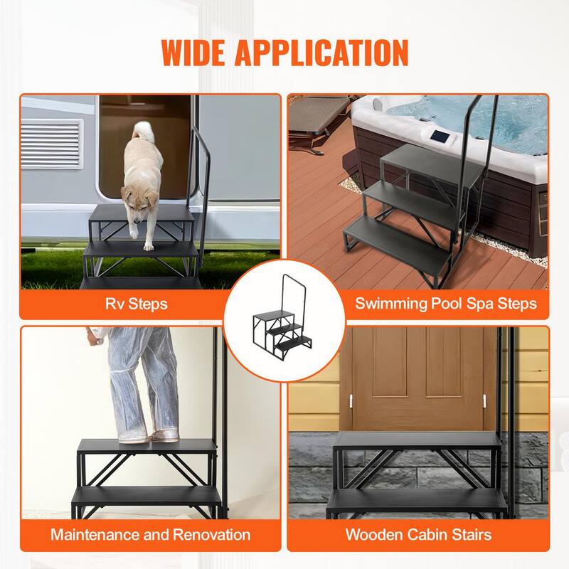 VEVOR RV Steps, 3-Step RV Stairs, 440 lbs. Load Capacity, Thickened Carbon Steel, With Handrail, Non-Slip Steps for Safe Entry - FCBTGDKHJG3JJF4MLV0-0920