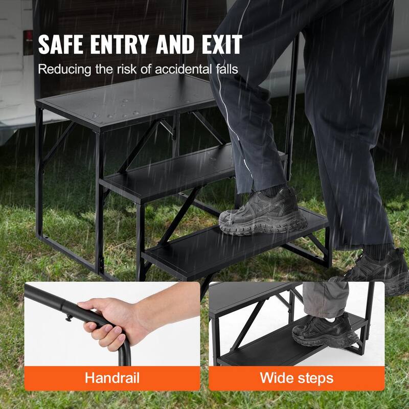 VEVOR RV Steps, 3-Step RV Stairs, 440 lbs. Load Capacity, Thickened Carbon Steel, With Handrail, Non-Slip Steps for Safe Entry - FCBTGDKHJG3JJF4MLV0-0920