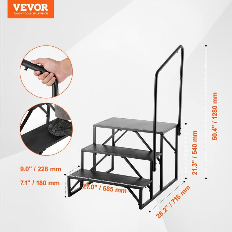 VEVOR RV Steps, 3-Step RV Stairs, 440 lbs. Load Capacity, Thickened Carbon Steel, With Handrail, Non-Slip Steps for Safe Entry - FCBTGDKHJG3JJF4MLV0-0920
