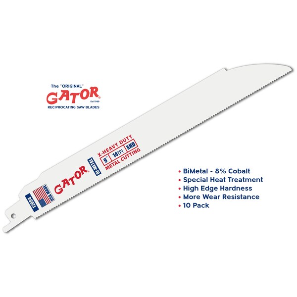 Gator Reciprocating Saw Blade 9 in. x 1 in. x 14tpi #12094-10, X-Heavy Duty Metal Cutting, 10PK - 12094-10