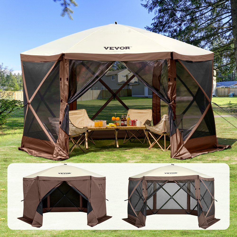 VEVOR Pop Up Gazebo Tent, Pop-Up Screen Tent 6 Sided Canopy Sun Shelter with 6 Removable Privacy Wind Cloths & Mesh Windows, 12.5x12.5FT Quick Set Screen Tent with Mosquito Netting, Brown - ZPSLTZS125X1X8KS1V0