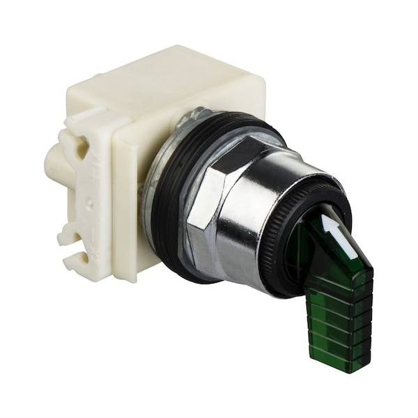 Cabeza de interruptor selector iluminado Schneider Electric, Harmony 9001K, de metal, con mango largo, color verde, de 30mm, 3 posiciones, retorno de resorte a ambos lados hacia el centro, LED verde, 24-28V - 9001K53J35LGFG