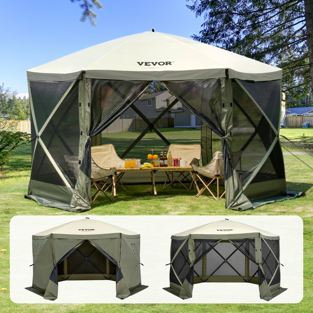 VEVOR Pop Up Gazebo Tent, Pop-Up Screen Tent 6 Sided Canopy Sun Shelter with 6 Removable Privacy Wind Cloths & Mesh Windows, 12x12FT Quick Set Screen Tent with Mosquito Netting, Army Green - ZPSLTJLS12X1117M6V0
