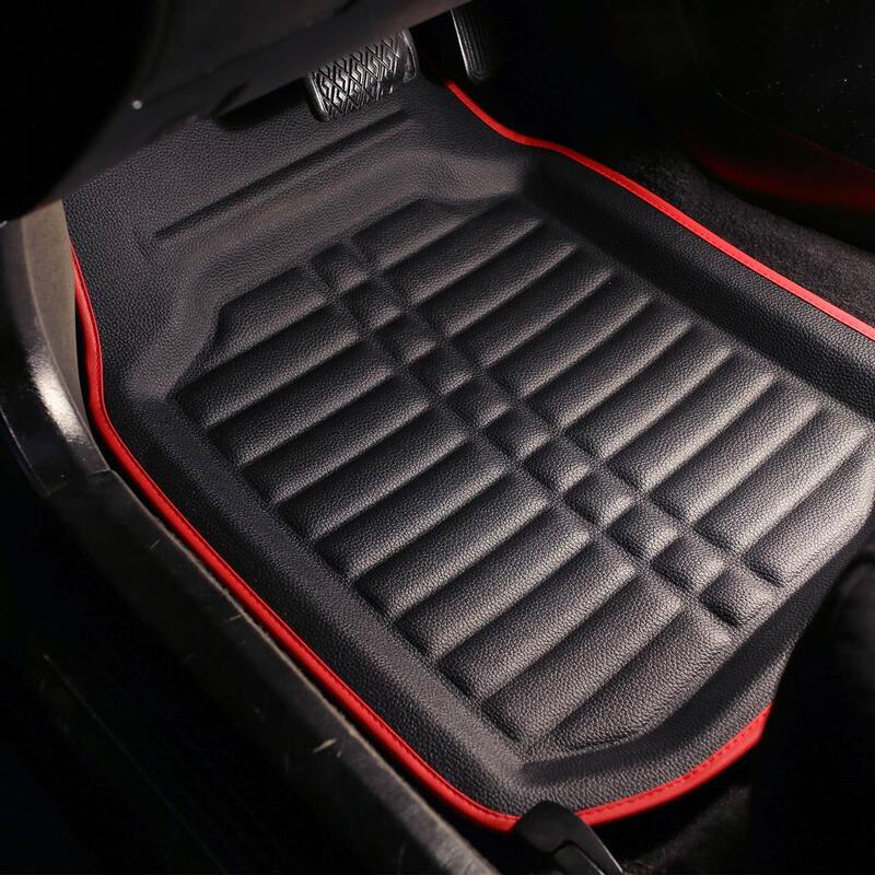 FH Group Red Black Faux Leather Liners Deep Tray Car Floor Mats with Anti-Skid Backing - Front Set - DMF14409REDBLACKFRONT