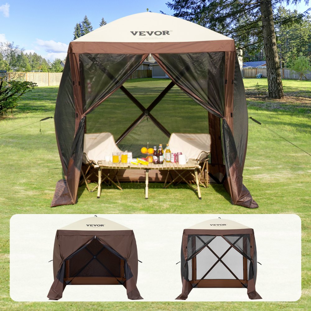 VEVOR Pop Up Gazebo Tent, Pop-Up Screen Tent 4 Sided Canopy Sun Shelter with 4 Removable Privacy Wind Cloths & Mesh Windows, 6x6FT Quick Set Screen Tent with Mosquito Netting, Brown - ZPSLTZS6X6FTW9616V0