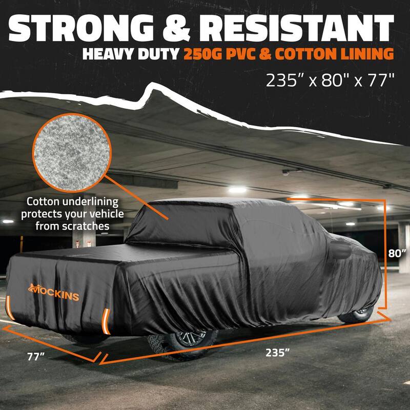 Mockins 235 in. x 80 in. x 77 in. Extra Thick Heavy-Duty Waterproof Pickup Truck Car Cover - 250g PVC Cotton Lined - Black - MA-00