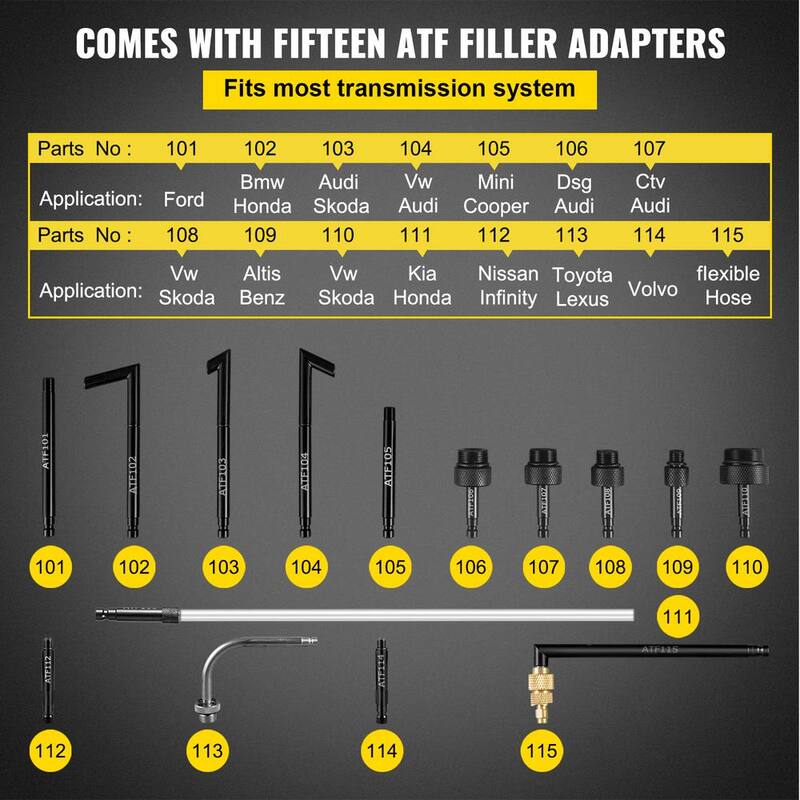 VEVOR Transmission Fluid Bleeder 7.5 L Transmission Oil Pressure Tool Set with 15-Pieces ATF Filler Adapters for Most Cars - QCBS7.5L15ATFVU71V0