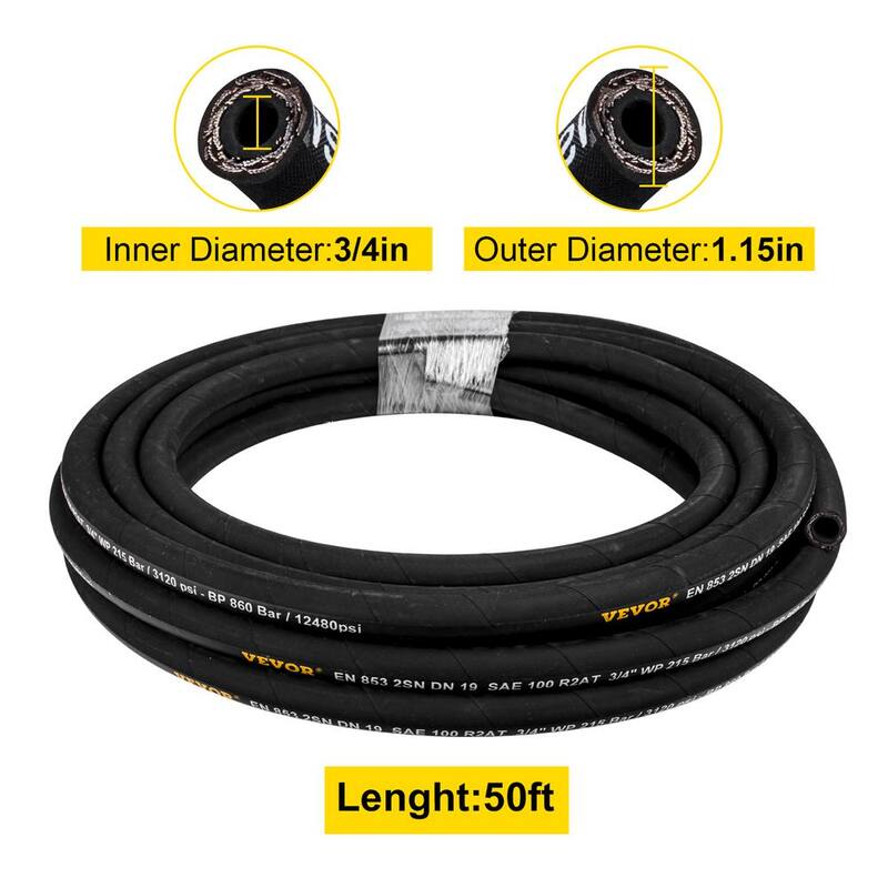 VEVOR Hydraulic Hose 3/4 in. x 50 ft. Bulk Hydraulic Hose 3120 PSI Rubber Hydraulic Hose with 2 High-Tensile Steel Wire Braid - YG50FT3-4-3118001V0