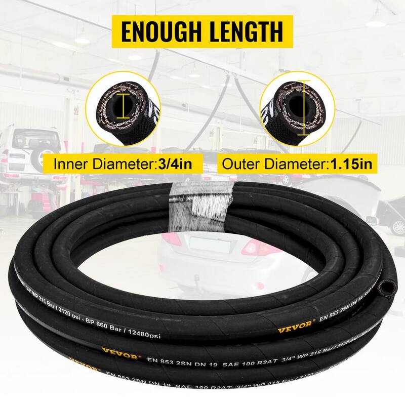 VEVOR Hydraulic Hose 3/4 in. x 50 ft. Bulk Hydraulic Hose 3120 PSI Rubber Hydraulic Hose with 2 High-Tensile Steel Wire Braid - YG50FT3-4-3118001V0