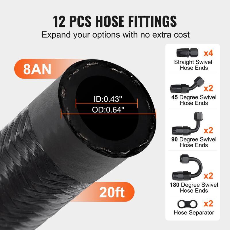 VEVOR 8AN Fuel Line Kit,20 FT Fuel Hose Kit,0.43 in.Nylon Stainless Steel Braided Fuel Line Oil/Gas/Diesel Hose,12 PCS ,Black - QCYYRYRG12G2QDX9GV0-0816