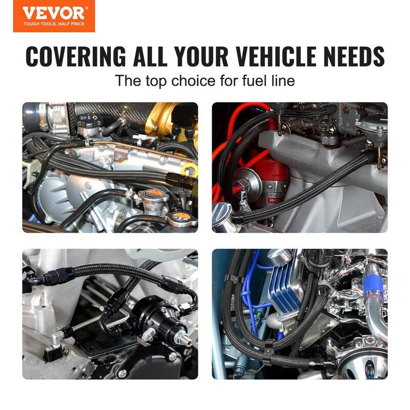 VEVOR 8AN Fuel Line Kit,20 FT Fuel Hose Kit,0.43 in.Nylon Stainless Steel Braided Fuel Line Oil/Gas/Diesel Hose,12 PCS ,Black - QCYYRYRG12G2QDX9GV0-0816