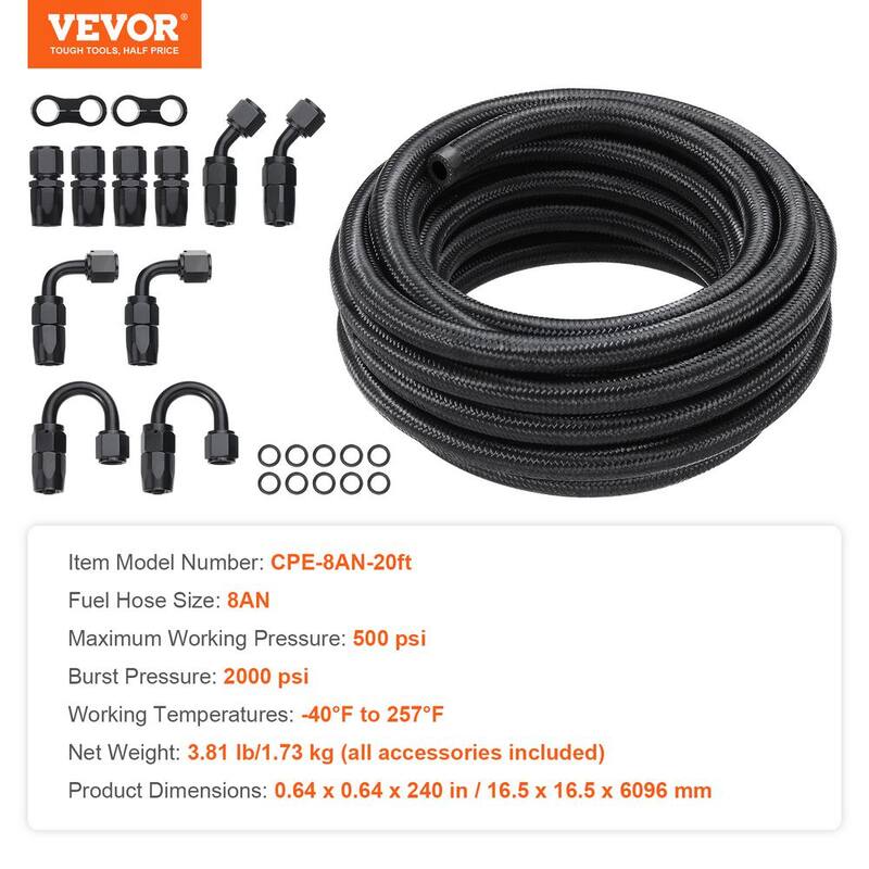 VEVOR 8AN Fuel Line Kit,20 FT Fuel Hose Kit,0.43 in.Nylon Stainless Steel Braided Fuel Line Oil/Gas/Diesel Hose,12 PCS ,Black - QCYYRYRG12G2QDX9GV0-0816
