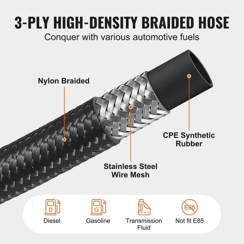 VEVOR 8AN Fuel Line Kit,20 FT Fuel Hose Kit,0.43 in.Nylon Stainless Steel Braided Fuel Line Oil/Gas/Diesel Hose,12 PCS ,Black - QCYYRYRG12G2QDX9GV0-0816