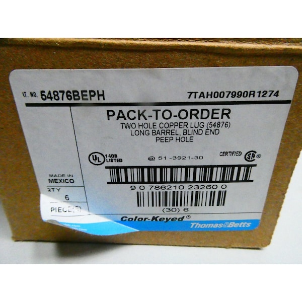 Abb TWO HOLE COPPER LUG CIRCUIT BREAKER PARTS AND ACCESSORY, 6PK - 54876BEPH