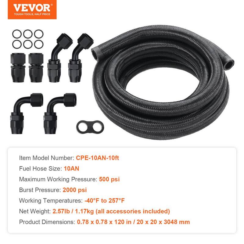VEVOR 10AN Fuel Line Kit 10 FT Fuel Hose Kit 0.55 in. Nylon Stainless Steel Braided Fuel Line Oil/Gas Hose End Fitting Kit - QCYYRYRG7G200XFFSV0-0816