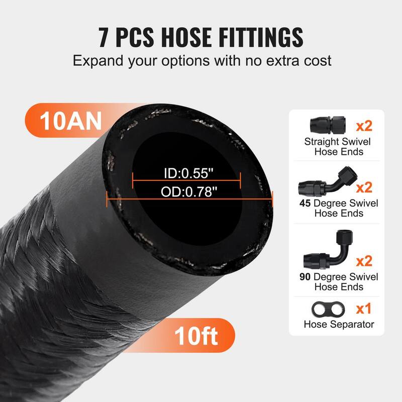 VEVOR 10AN Fuel Line Kit 10 FT Fuel Hose Kit 0.55 in. Nylon Stainless Steel Braided Fuel Line Oil/Gas Hose End Fitting Kit - QCYYRYRG7G200XFFSV0-0816