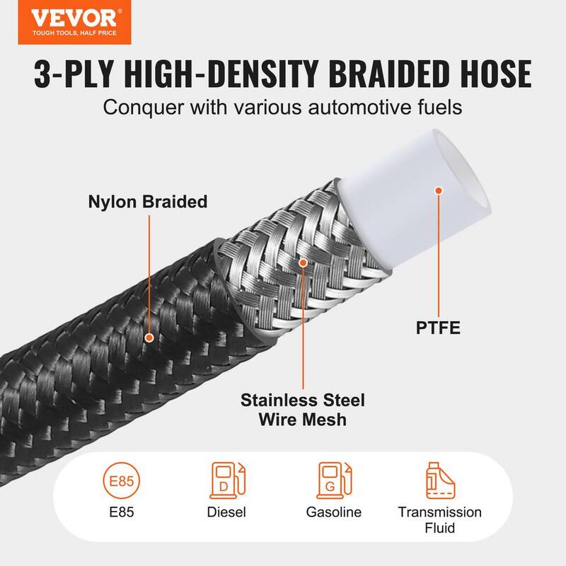 VEVOR 6AN Fuel Line Kit,25 FT Fuel Hose Kit, 5/16 in.Nylon Stainless Steel Braided PTFE Fuel Line Kit, E85/Oil/Gas/Diesel Hose - QCYYRYRG15G26J9HMV0-0816