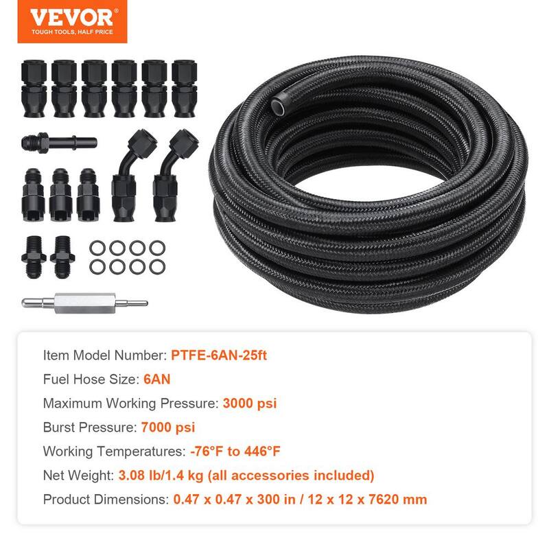 VEVOR 6AN Fuel Line Kit,25 FT Fuel Hose Kit, 5/16 in.Nylon Stainless Steel Braided PTFE Fuel Line Kit, E85/Oil/Gas/Diesel Hose - QCYYRYRG15G26J9HMV0-0816