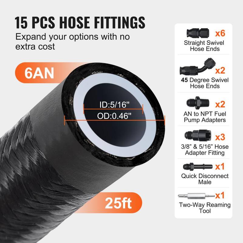 VEVOR 6AN Fuel Line Kit,25 FT Fuel Hose Kit, 5/16 in.Nylon Stainless Steel Braided PTFE Fuel Line Kit, E85/Oil/Gas/Diesel Hose - QCYYRYRG15G26J9HMV0-0816