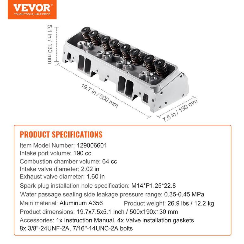 VEVOR Engine Cylinder Head Assembly Replacement, Aluminum Engine Cylinder Head Kit, Compatible with Small Block Chevrolet - GGZCCHEVYSBCEK30TV0