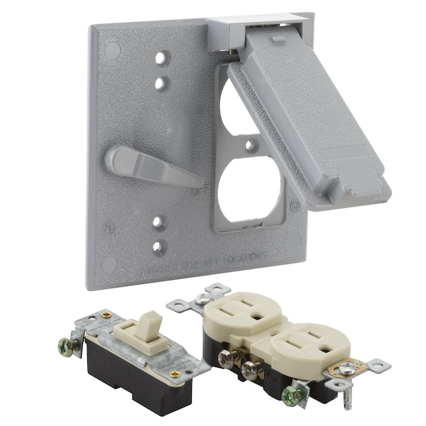 Bell Outdoor Electrical Box Cover, Outlet Box Type, 2 Gangs, Square, Aluminum, Toggle Switch Cover - 5166-5WRTR