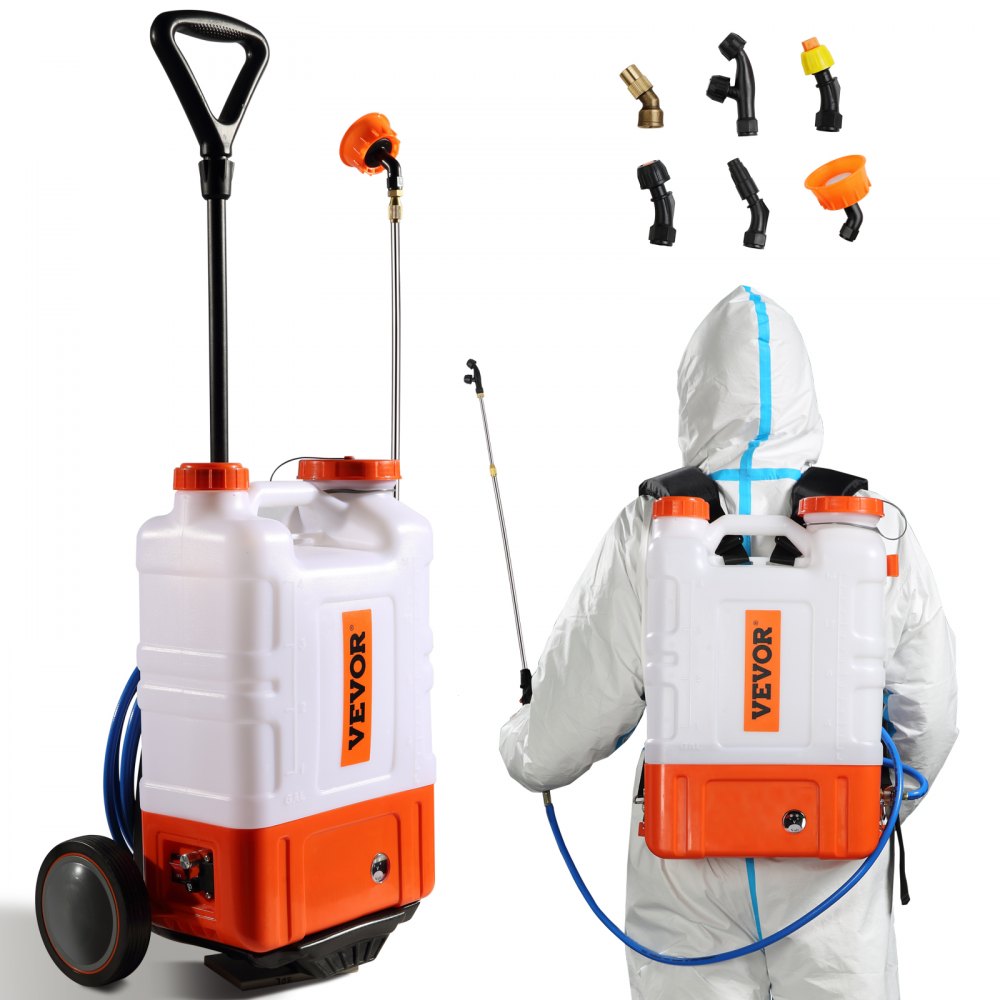 VEVOR Battery Powered Backpack Sprayer with Cart, 0-94 PSI Adjustable Pressure, 4 Gallon Tank on Wheels, with 8 Nozzles and 2 Wands, 12V 7.2Ah Battery, Wide Mouth Lid for Weeding, Spraying, Cleaning - BBSPPPPE416L4EAKOV1