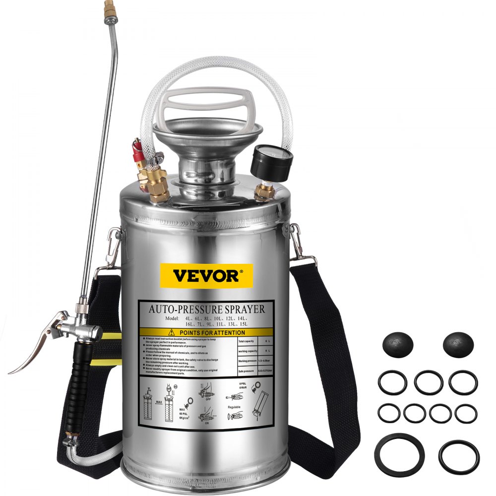 VEVOR 1.5Gal Stainless Steel Sprayer, Set with 16" Wand& Handle& 3.3FT Reinforced Hose, Hand Pump Sprayer with Pressure Gauge&Safety Valve, Adjustable Nozzle Suitable for Gardening& Sanitizing - PWQBXG6L000000001V0