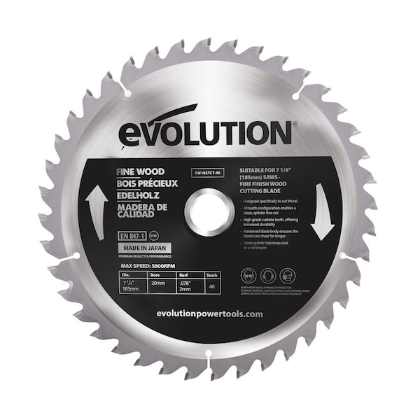 Evolution 7-1/4" 40T, 25/32" Arbor, Tungsten Carbide Tipped Fine Wood Cutting Blade (Fits Miter Saws) - FW185TCT-40