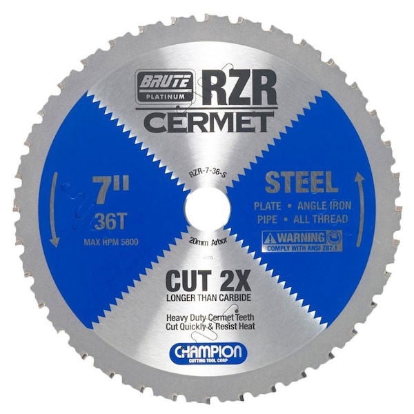 Brute Platinum 7in Brute RZR Cermet Tipped Circular Saw Blades for Steel, 36 Teeth, 20mm Arbor - CHA RZR-7-36-S