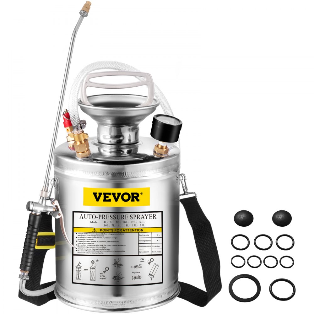 VEVOR 1Gal Stainless Steel, Set with 12" Wand& Handle& 3FT Reinforced Hose, Hand Pump Sprayer with Pressure Gauge&Safety Valve, Adjustable Nozzle Suitable for Gardening and Sanitizing, Silver - PWQBXG4L000000001V0