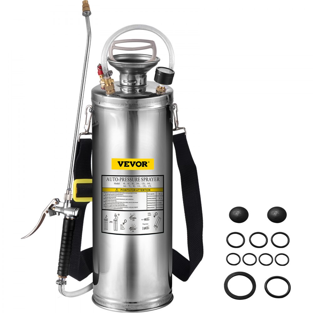 VEVOR 3Gal Stainless Steel Sprayer, Set with 20" Wand& Handle& 3FT Reinforced Hose, Hand Pump Sprayer with Pressure Gauge&Safety Valve, Adjustable Nozzle Suitable for Gardening and Sanitizing - PWQBXG10L00000001V0