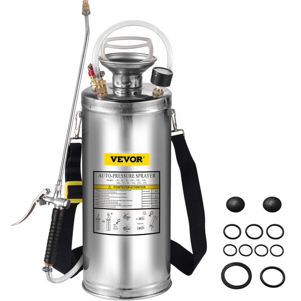 VEVOR 2Gal Stainless Steel Sprayer, Set with 20" Wand& Handle& 3FT Reinforced Hose, Hand Pump Sprayer with Pressure Gauge&Safety Valve, Adjustable Nozzle Suitable for Gardening and Sanitizing - PWQBXG8L000000001V0