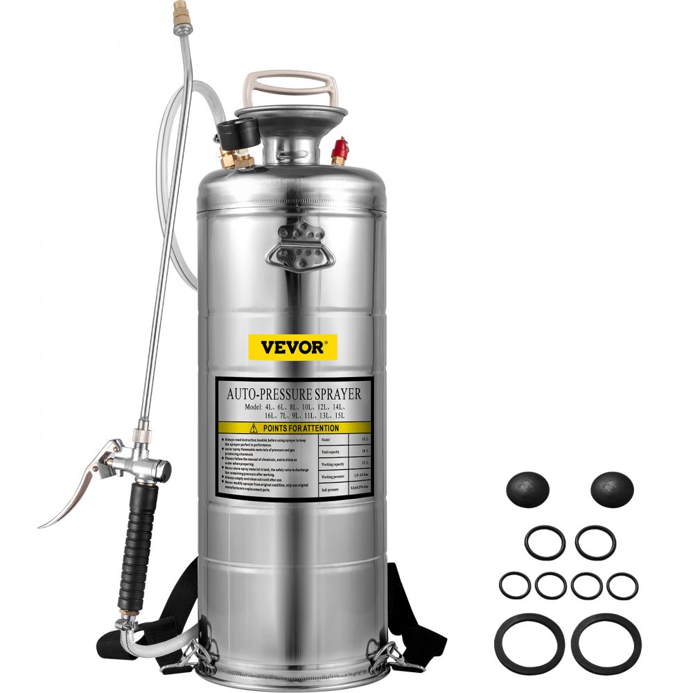 VEVOR 3.5Gal Stainless Steel Sprayer,l Set with 20" Wand& Handle& 3FT Reinforced Hose, Hand Pump Sprayer with Pressure Gauge&Safety Valve, Adjustable Nozzle Suitable for Gardening& Sanitizing - PWQBXG12L00000001V0