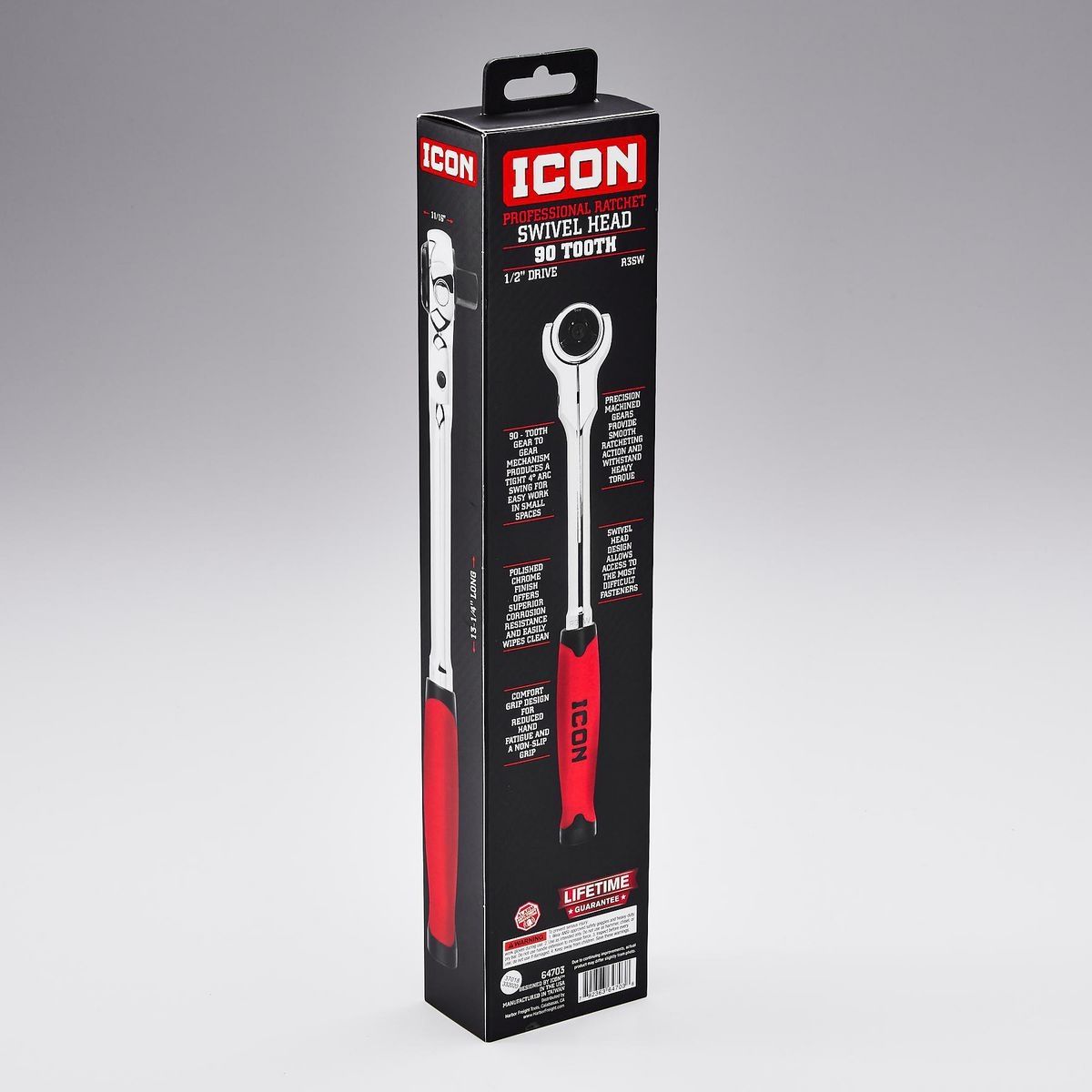 Llave de trinquete con cabezal giratorio profesional de 1/2 pulg. y agarre cómodo - 64703