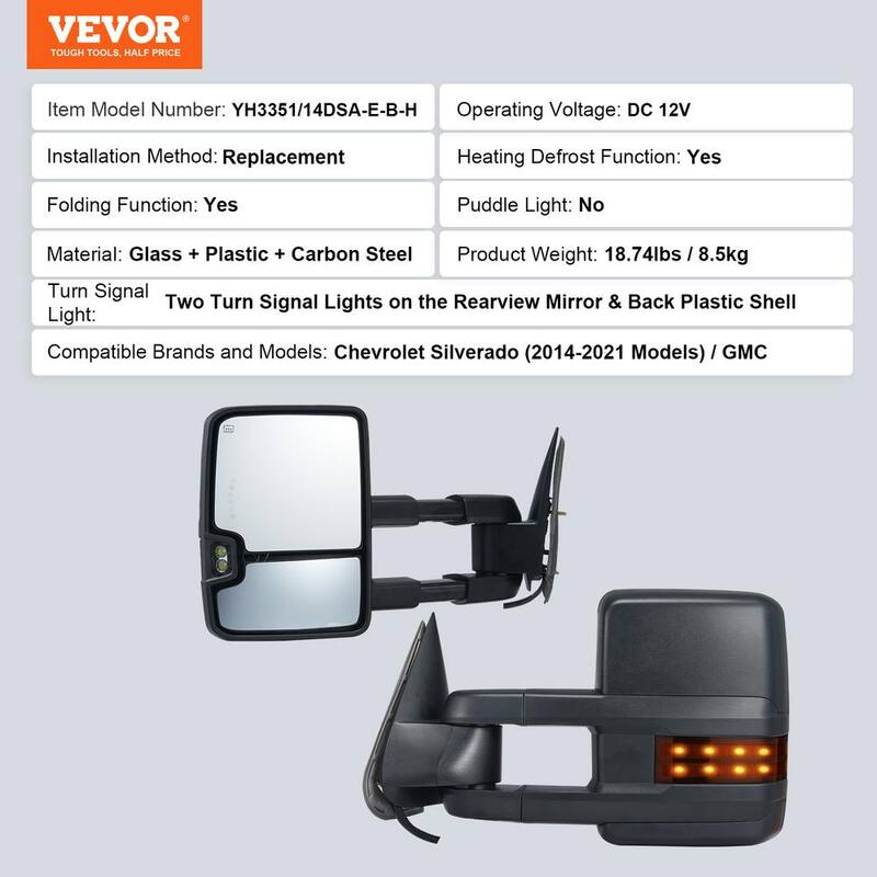 VEVOR Towing Mirrors Pair Set forChevrolet Silverado (2014-2021)/GMC Heating Defrost Manual Controlling Black - QYJHZKXFLSLDRZBHDV9