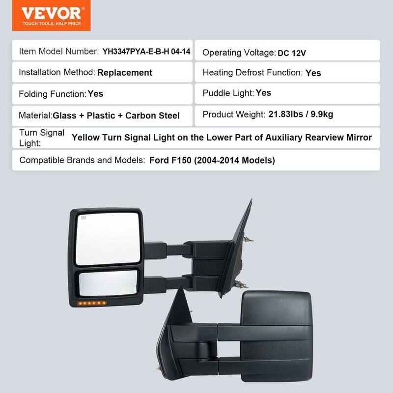 VEVOR Towing Mirrors Pair for 2004-2014 Ford F150 with Light Manual Controlling Telescoping Folding Heating Defrost - QYJHZKFTF150F9C68V9