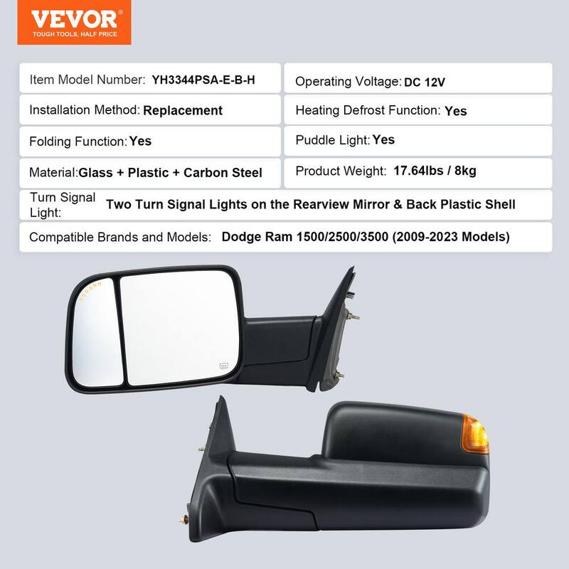 VEVOR Towing Mirrors Pair Set for 2009-2023 Dodge Ram 1500 2500 3500 with Ligh Manual Controlling Flipping Folding Black - QYJHZKDQGY15A1OUYV9