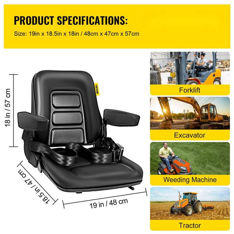 VEVOR Universal Fold Down Forklift Seat with Retractable Safety Belt Armrest Adjustable Seat for Excavator, Forklift, Tractor - QCZYPJYS2ZYAQDFS1V0