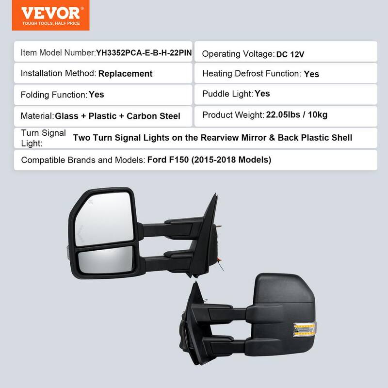 VEVOR Towing Mirrors Pair for 2015-2018 Ford F150 with Light Manual Controlling Telescoping Folding Heating Defrost - QYJHZKFTF150T43OYV9