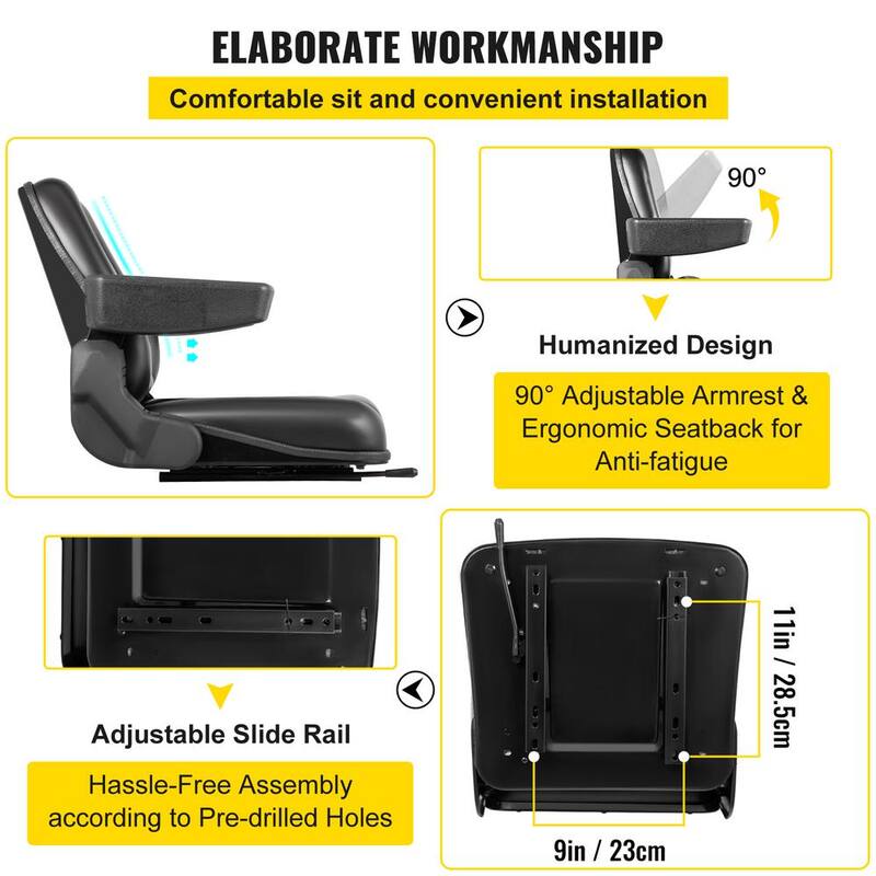 VEVOR Universal Forklift Seat PVC Tractor Seat 6 in. Adjustable Mower Seat Foldable Seat Including Armrests&Seat Switch, Black - CCZYFSAQKGYS2X3NUV0