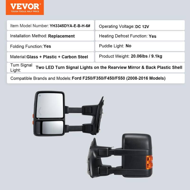 VEVOR Towing Mirrors Pair 2008-2016 Ford F250 F350 F450 F550 Manual Controlling Telescoping Folding Heating Defrost - QYJHZKFTF250VYPC4V9