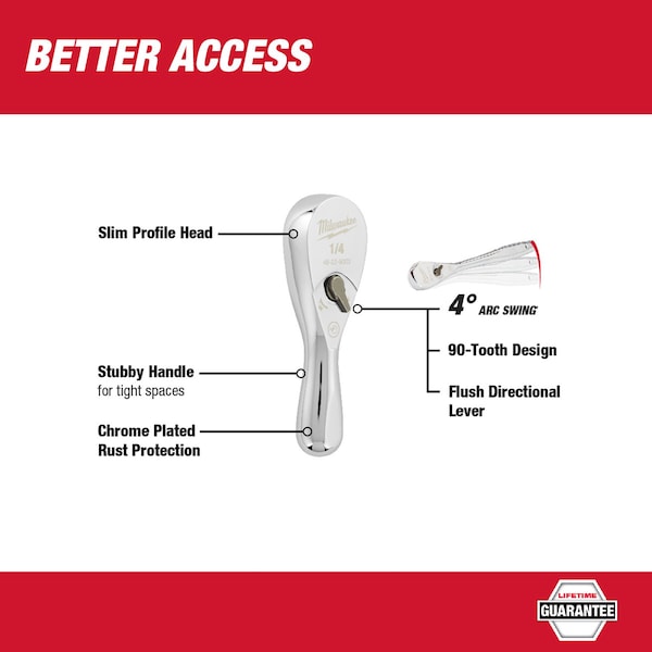 Milwaukee Tool 1/4 in Drive 90 Geared Teeth 1/4" Drive 3" Ratchet, 3" L, Chrome - 48-22-9003