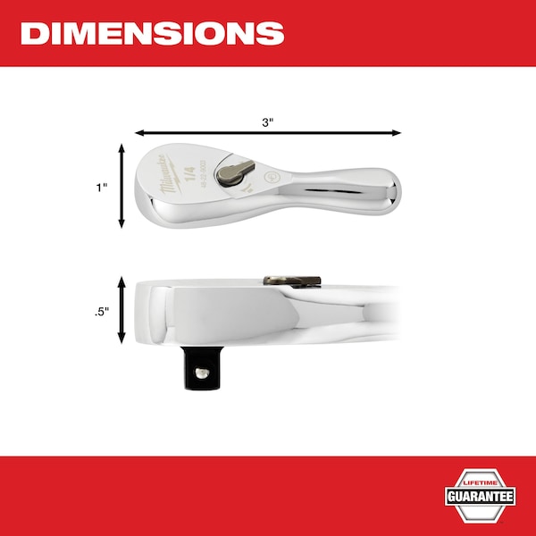 Milwaukee Tool 1/4 in Drive 90 Geared Teeth 1/4" Drive 3" Ratchet, 3" L, Chrome - 48-22-9003