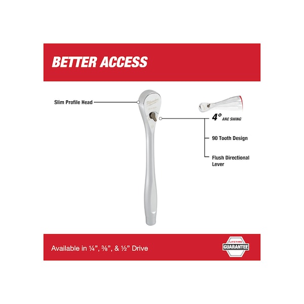 Milwaukee Tool 3/8" Drive 90 Geared Teeth Pear Head Style Hand Ratchet, 8-1/2" L, Chrome Finish - 48-22-9038