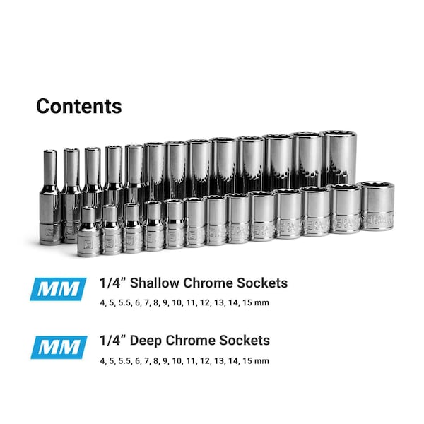 Capri Tools 1/4 in. Drive 12-Point Shallow and Deep Socket Set, Metric, 4 to 15 mm, 26-Piece - CP16100-26MSD