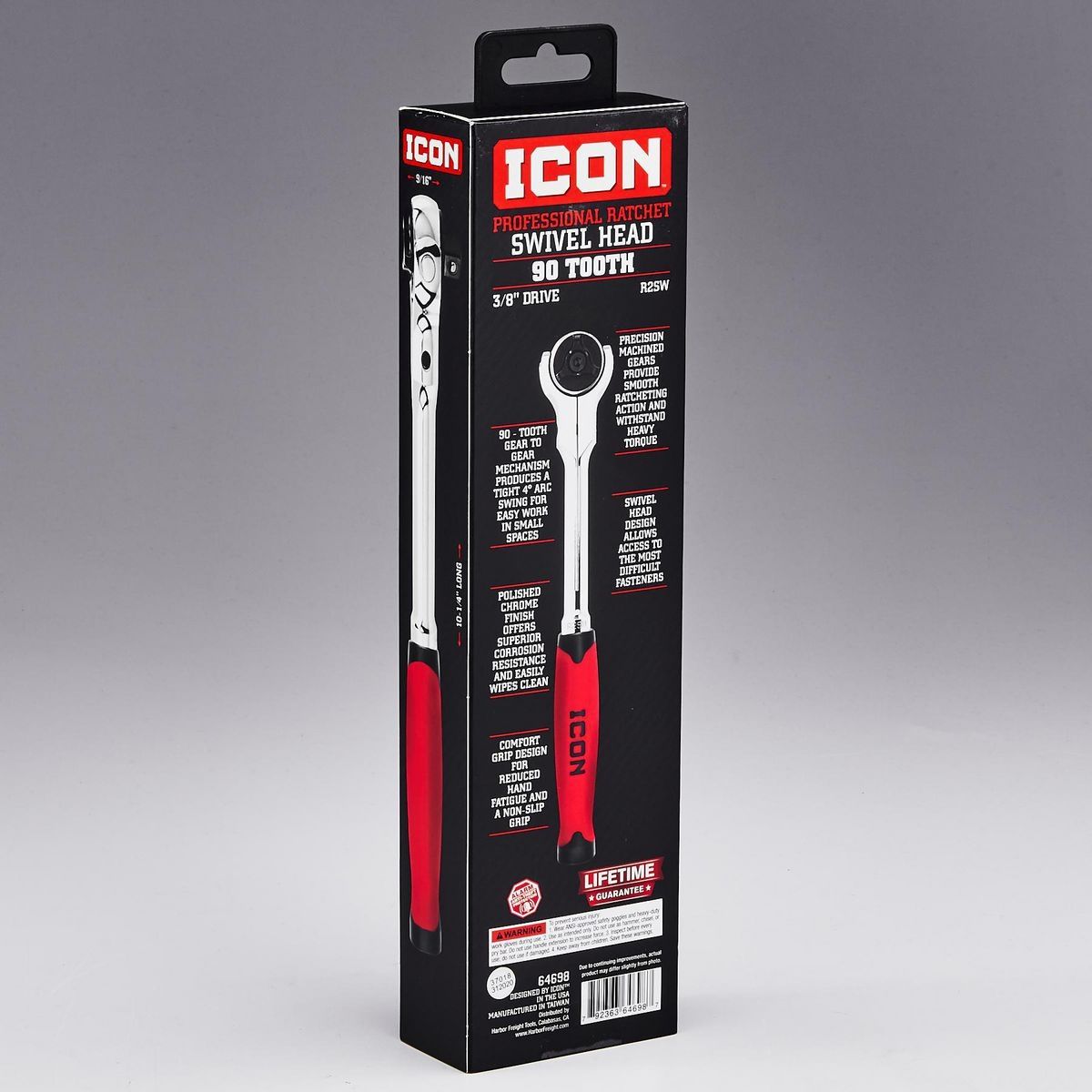 Llave de trinquete profesional con cabeza giratoria de 3/8 pulgadas y agarre cómodo - 64698