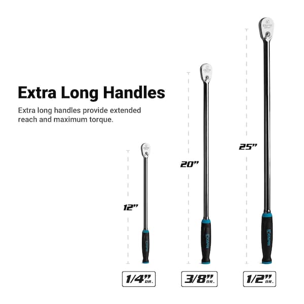 Capri Tools Fine 90-Tooth Extra Long Ratchet Set, Ergonomic Soft Grip, 1/4, 3/8, 1/2 in. Drive, 3-Piece - CP90SL-SET